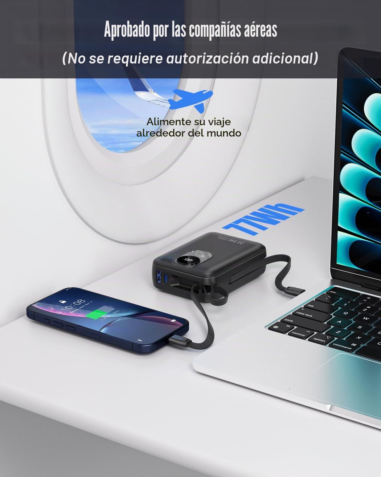 Batería externa de 20000 mAh con cable incorporado: 22,5 W Power Bank de carga rápida para teléfono móvil, batería USB C (Input & Output), cargador portátil con 4 salidas y 2 entradas