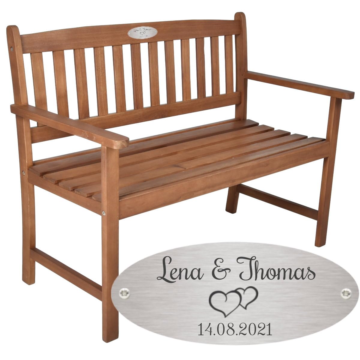 Bank zur Hochzeit mit Gravur zB. Herzen (Namen/Datum) Gartenbank Basic 110cm Akazie geölt, Edelstahlschild personalisiert, Bank Geschenk zur Vermählung