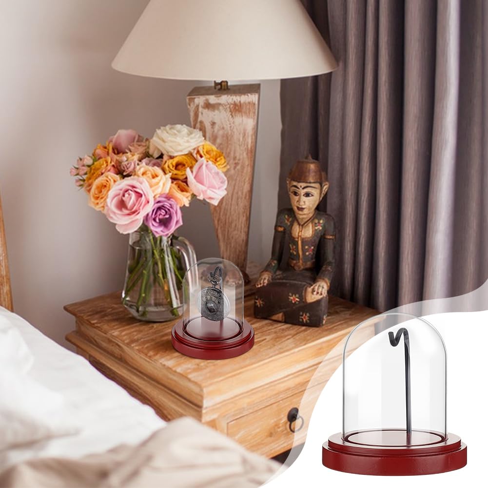 PH PandaHall 3.1 x 4 pulgadas reloj cristal pantalla cúpula Cloche con gancho de metal y pie de madera escaparate para reloj de bolsillo medallas