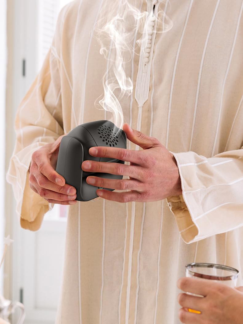 Quemador eléctrico portátil Bakhoor – Quemador de incienso giratorio, inalámbrico con indicador LED, difusor de aroma recargable y difusor de incienso, calentamiento rápido, difusor de fragancia sin
