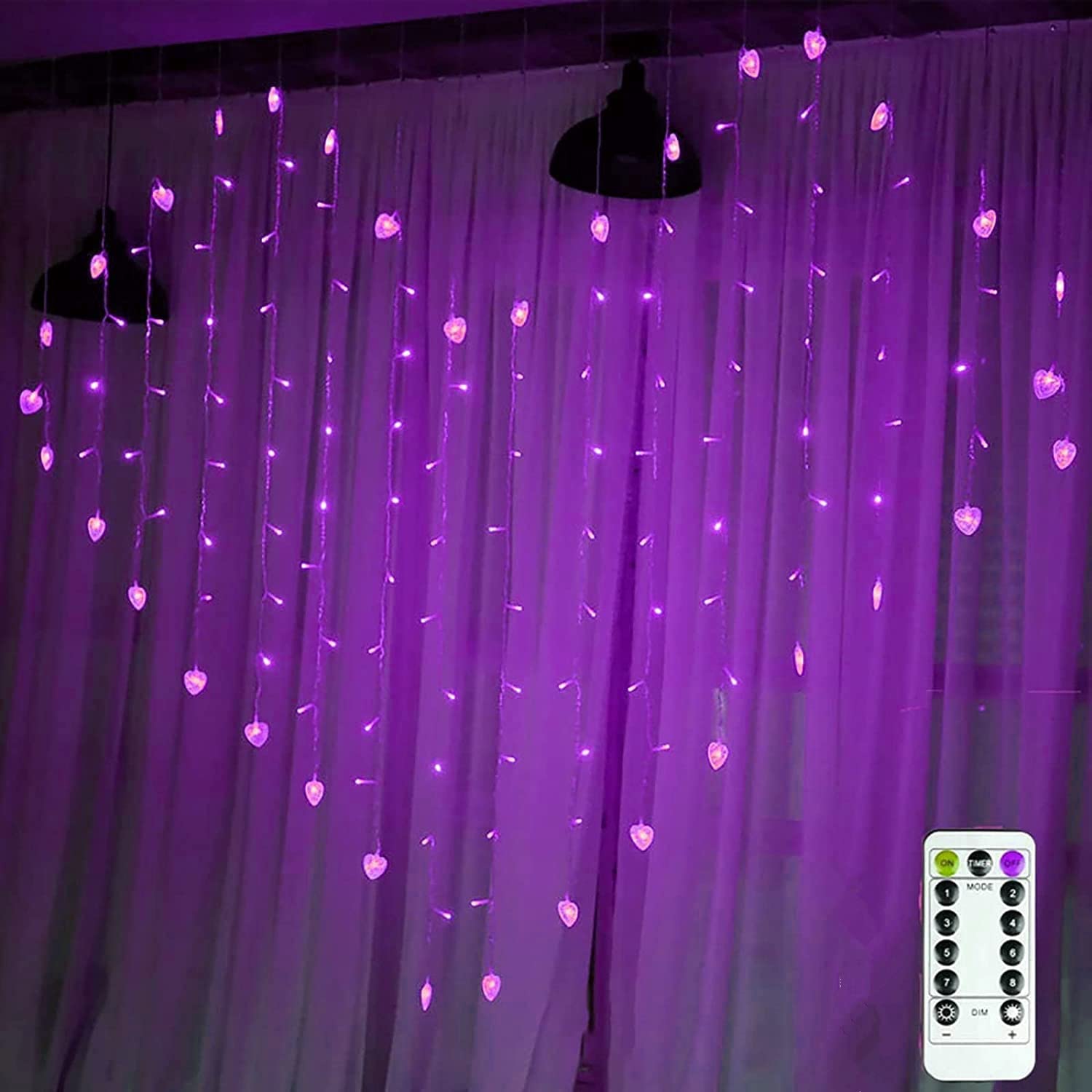 AZHU Luces de Cadena de Cortina, 124 LED, 2m x 1.5m Cortina Luces Luz de Cortina con Mando/Bateria Cargada Impermeable Cortina Luces Navidad para Decoración Interior Bodas Fiestas (Púrpura)