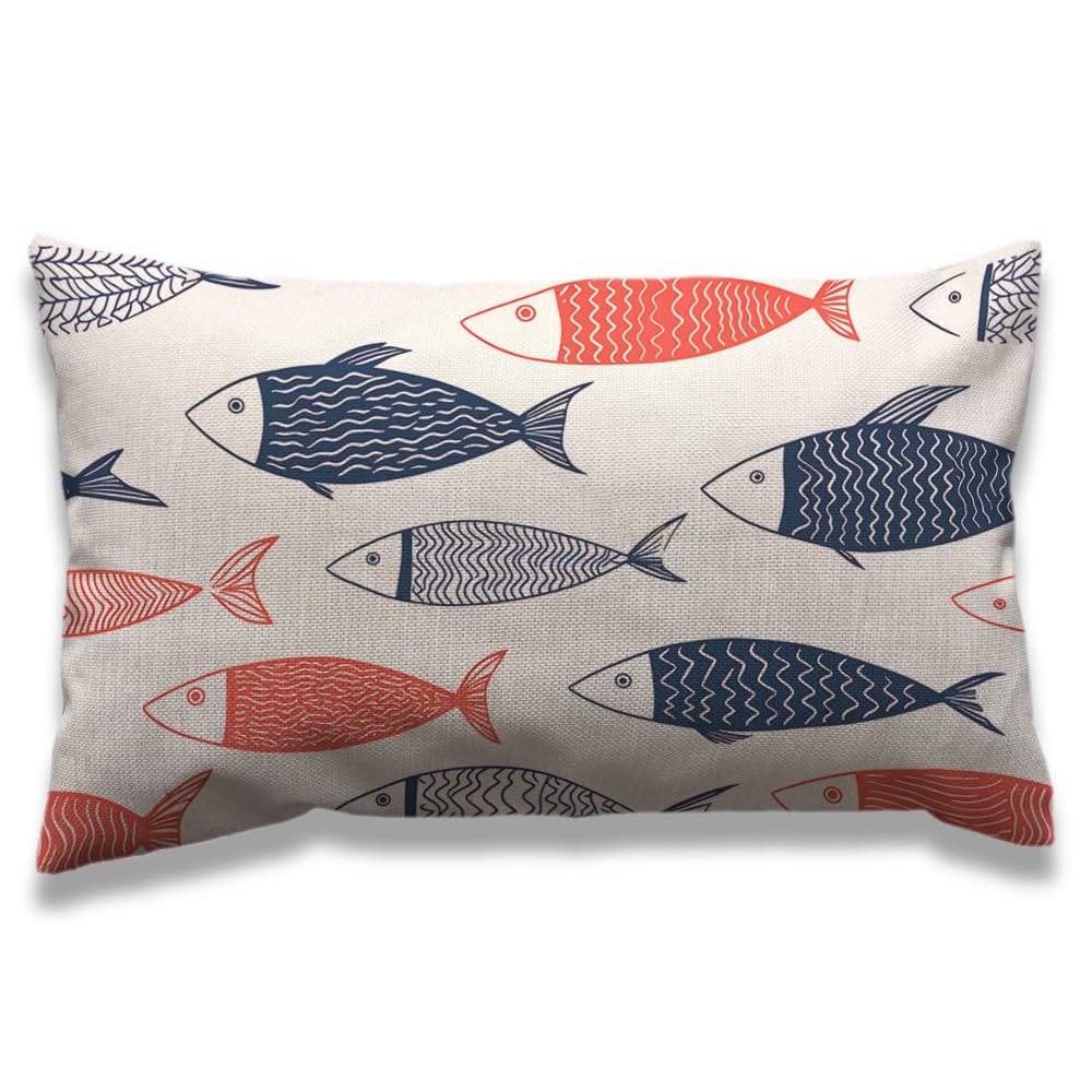 AOYEGO Fish Throw Pillow Cover 12x20 Inch Sea Red Blue Fish in The Ocean Wave Stripes Rectangle Pillow Cases Home Decorative Cotton Linen Cushion