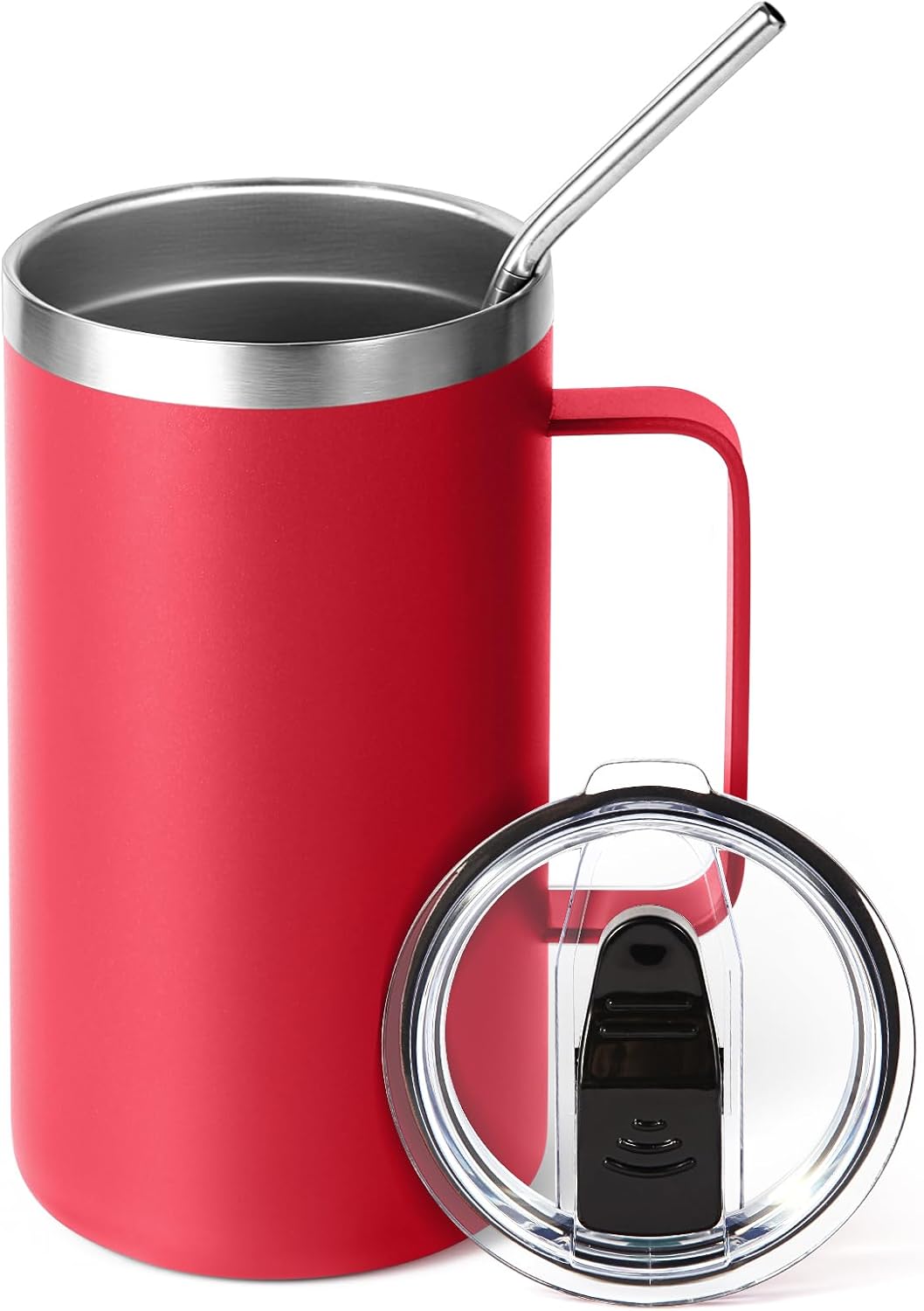 Volhoply 24oz Insulated Coffee Mug with Lid and Straw, Stainless Steel Travel Mugs with Handle, Double Wall Vacuum Leak Proof Coffee Tumbler Cup (Red,1)