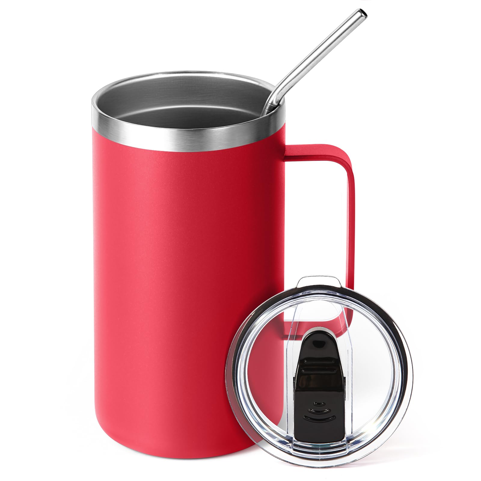Volhoply 650ml (22oz) Insulated Coffee Mug with Lid and Straw, Stainless Steel Travel Mugs with Handle, Leak Proof Double Wall Coffee Cup for Hot and Cold Drinks (Red,1 Pack)