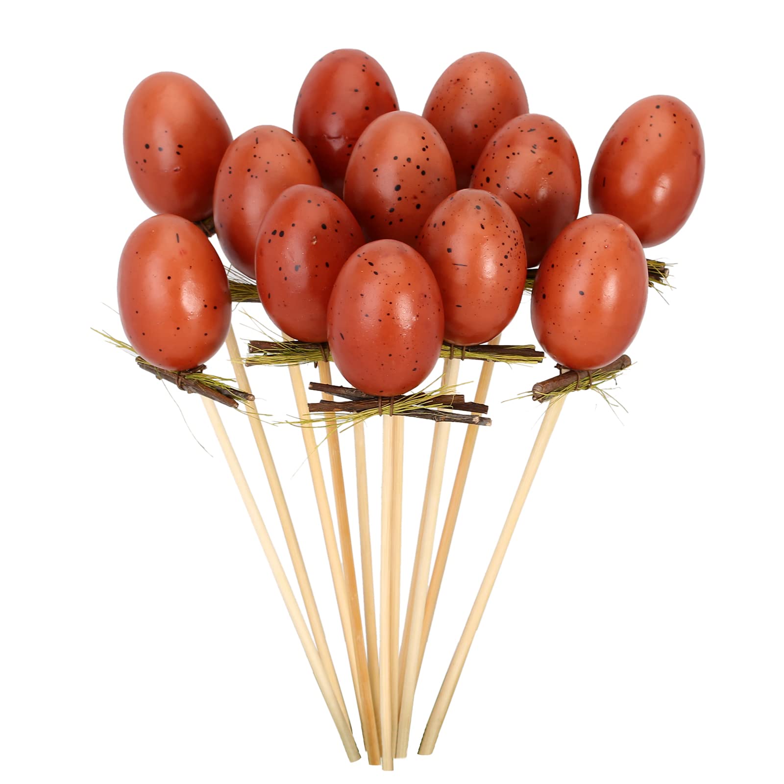12 Pcs Artificial Brown Speckled Egg with Twigs Picks, Fake Easter Egg Picks for Spring Easter Crafts Floral Arrangement Centerpiece Decoration