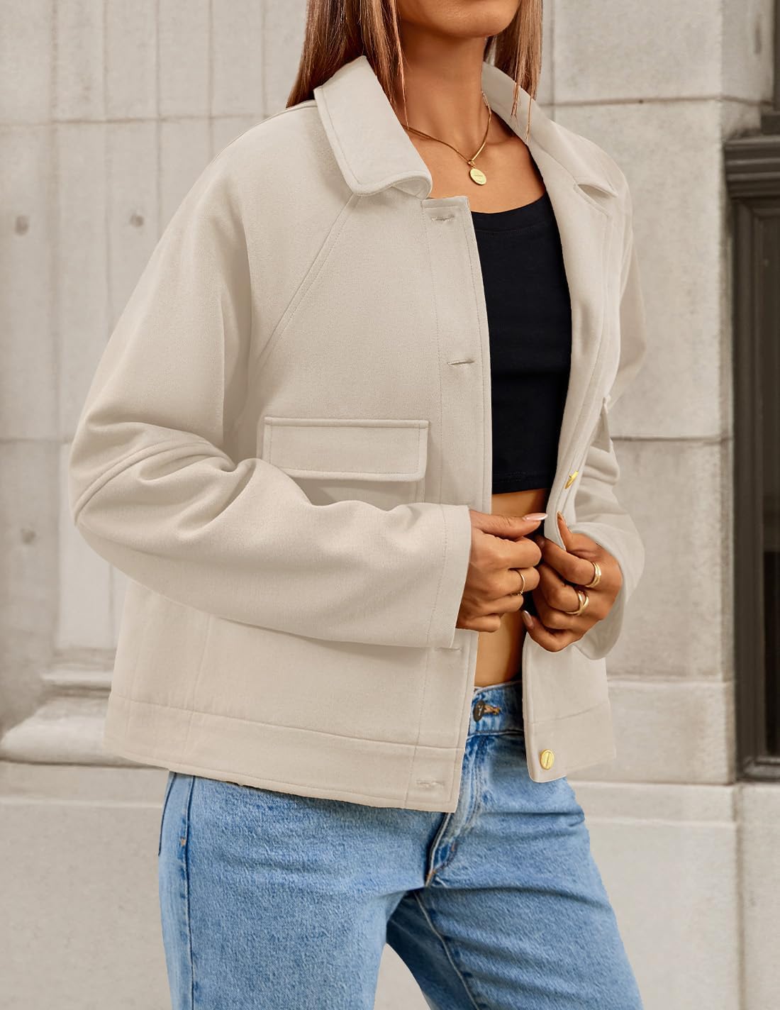 ZESICA Womens 2026 Spring Faux Suede Cropped Jackets Coats Casual Button Down Barn Vintage Trendy Shackets - Image 4