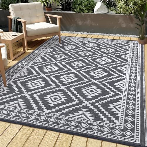 GAOMON Outdoor Waterproof Rug 9x12 Reversible Plastic Straw Rug, Modern UV Resistant Carpet Large Foldable Lightweight Floor Mat for Backyard, Camping, Bench, Picnic, Deck, Grey/White(Modern
