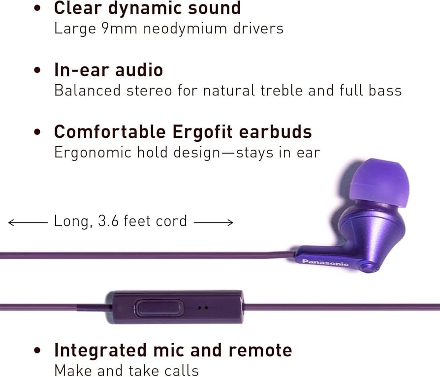 Panasonic ErgoFit Wired Earbuds with Microphone, 3.5mm Jack Headphones with  Mic and Call Controller, Ergonomic Custom-Fit Earpieces (S/M/L), for Phones  and Laptops - RP-TCM125-VA (Metallic Purple) : Amazon.ca: Electronics