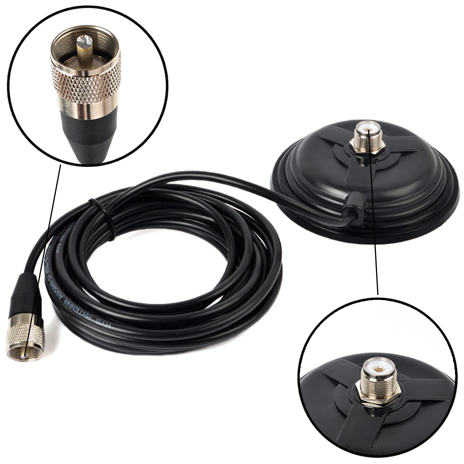 SO239 Base Montage Magnétique pour Antenne CB/VHF/UHF, avec Câble Coaxial RG58 PL259 de 5 mètres/16,4 Pieds, pour Voiture/Camion et Extérieur