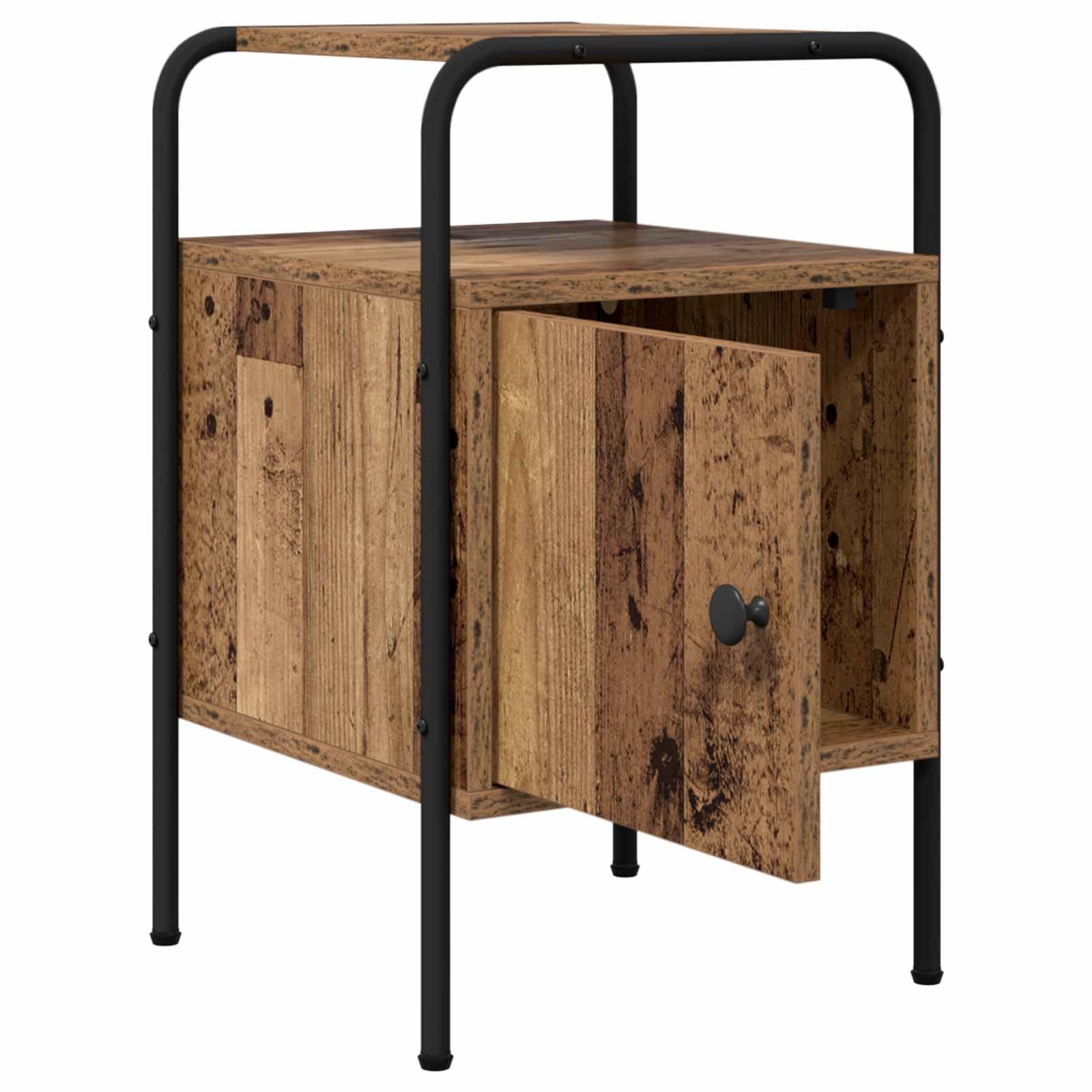 Armadio da notte legno antico con struttura in acciaio zincato, comodino moderno con anta e ripiano, mobiletto salvaspazio per camera letto soggiorno ufficio