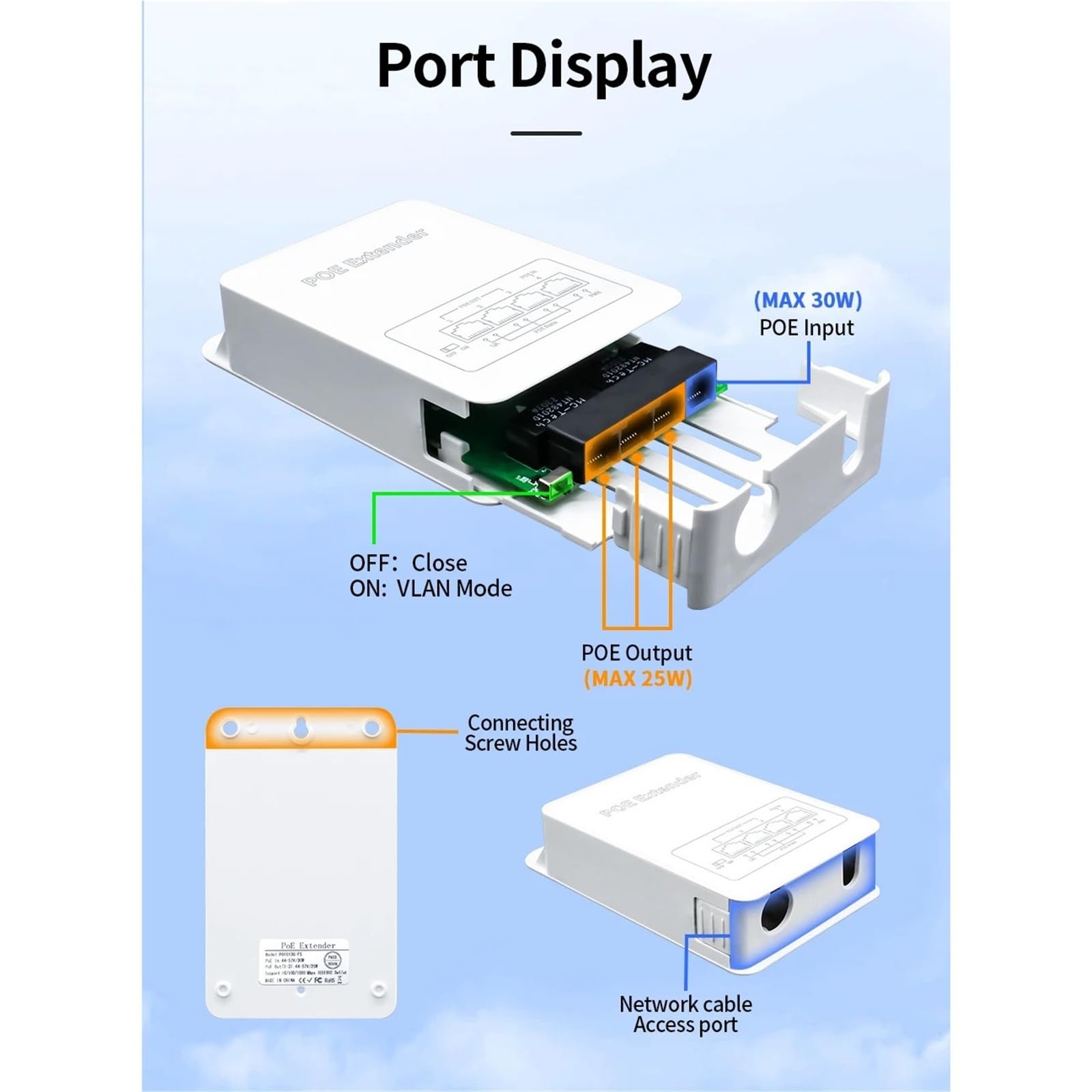 Prolongateur POE Répéteur POE Gigabit 4 Ports, 1000M, réseau extérieur étanche à la Pluie, Extension POE VLAN 44-57V 30W