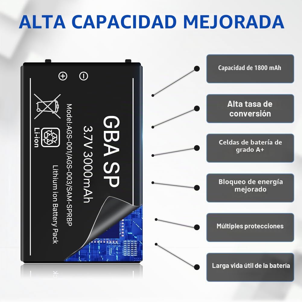 Batería de repuesto para Gameboy Advance SP (3000 mAh), alta capacidad, batería de ion de litio para Nintendo GBA SP AGS-001, AGS-003 con juego de herramientas