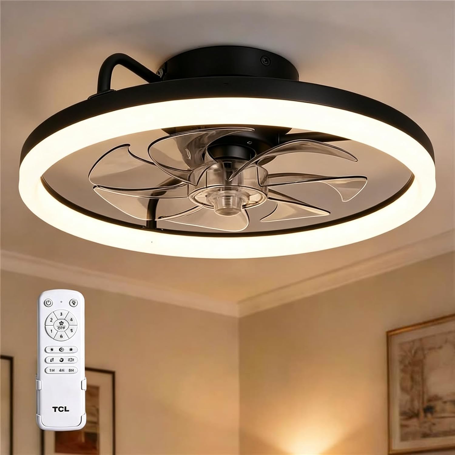 TCL Bedroom Ceiling Fan with Lights: 20 Inch Low Profile Ceiling Fan Remote Control Dimmable Modern Flush Mount LED Quite Fan 6 Speeds Fandelier Ceiling Fans (Black, 20 Inch)