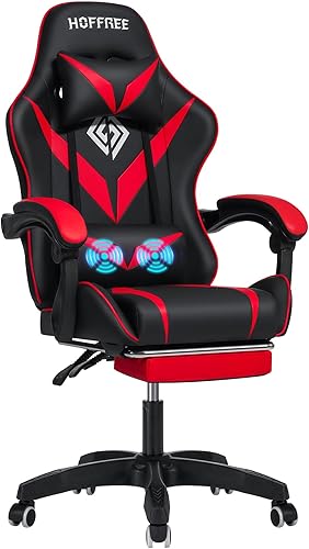 HOFFREE Silla de juegos de masaje para niños, silla de videojuegos con reposapiés y soporte lumbar, silla reclinable de juegos de PC con