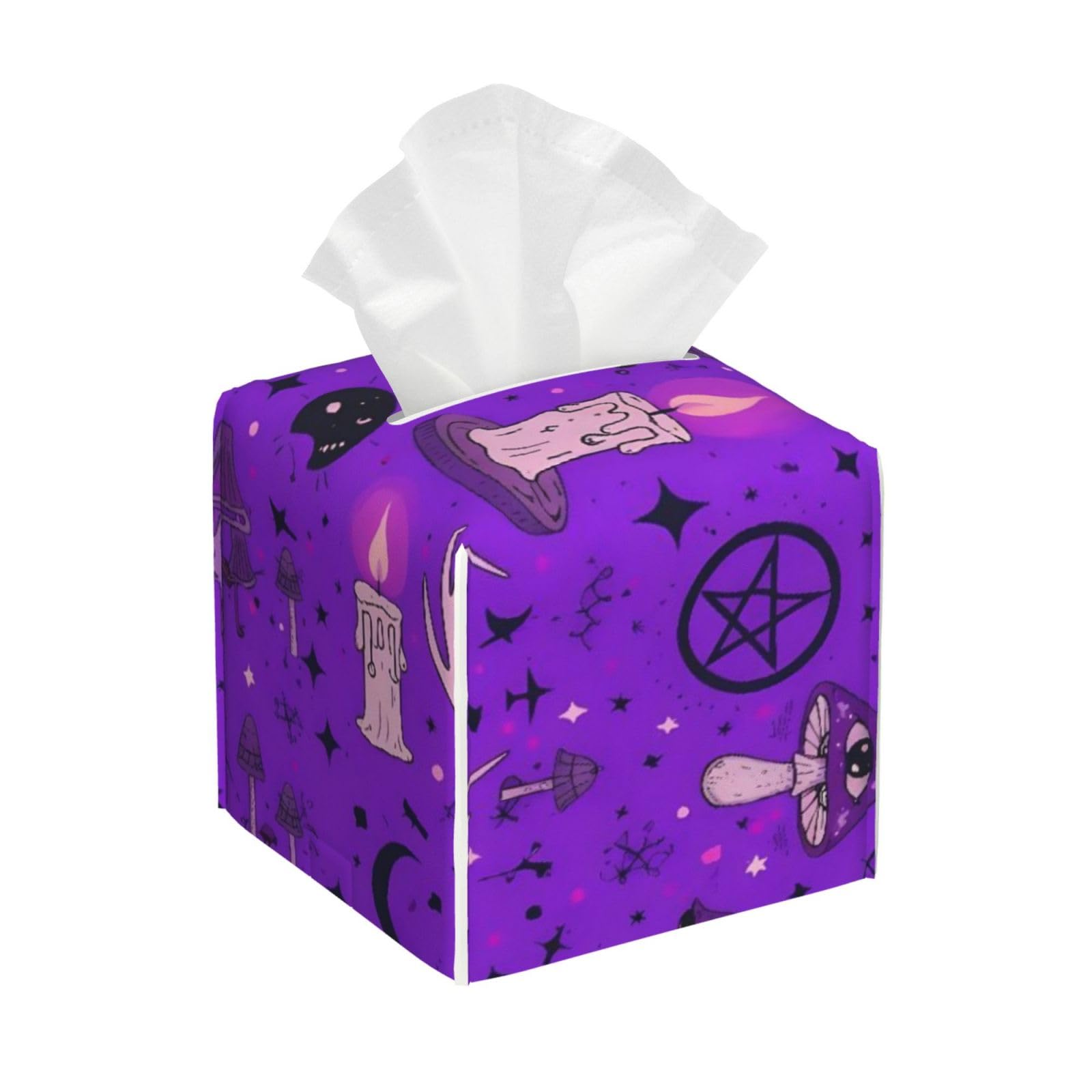 Witch Witchcraft Goth Skull Mushroom Leather Tissue Box Cover Holder Square Facial Paper Organizer 5.2" X 5.2" X 5.2"