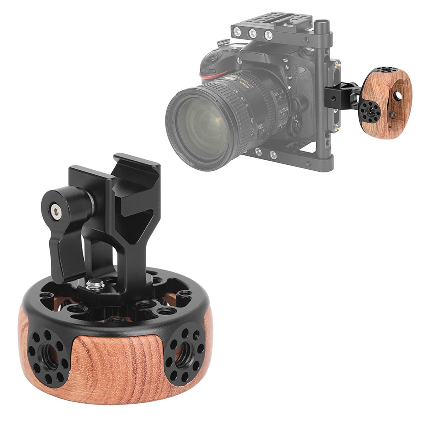 Empuñadura Lateral Redonda de Madera para cámara, Abrazadera de liberación rápida con Rail NATO para Jaula de cámara DSLR sin Espejo, empuñadura ergonómica de aleación de Aluminio