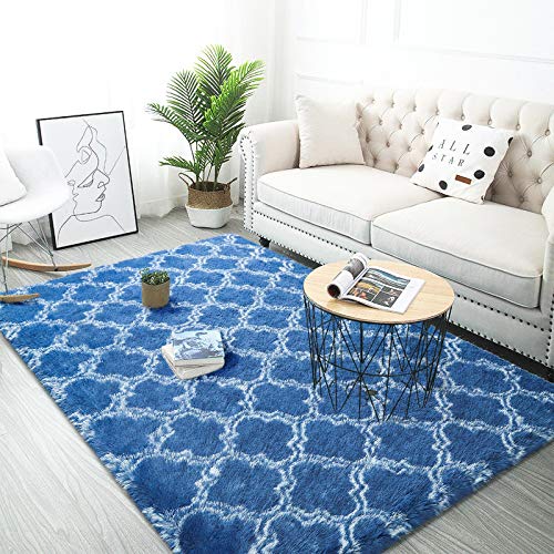 Lochas Luxury Shag Area Rug 8X10 Feet Geometric Indoor Plush Fluffy Rugs, Extra Soft And Comfy Carpet, Moroccan Rugs For Bedroom Living Room Dorm Kids Nursery, Light Navy/White #TOP5