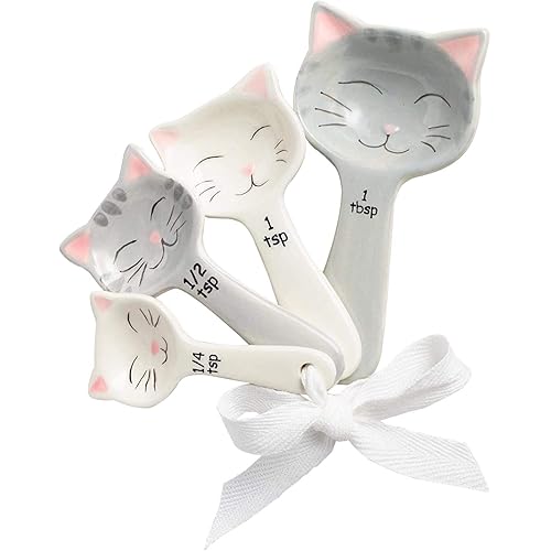 Cat Shaped Ceramic Measuring Spoons - Gift for Any Cat Lover - Cat Ceramic Measuring Spoons Baking Tool - Creative Functional Kitchen Decor - Comes in White and Gray - Set of 4