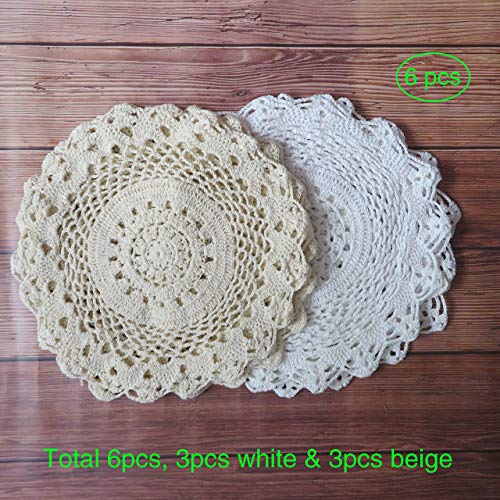 Ouyatoyu 6Pcs 12" Doilies Cloth Lace Crochet Doilies Place Mats For Kitchen Round Handmade Cotton Placemats For Glass Bowl Dish Dining Table, 3Pcs White And 3Pcs Beige #TOP5