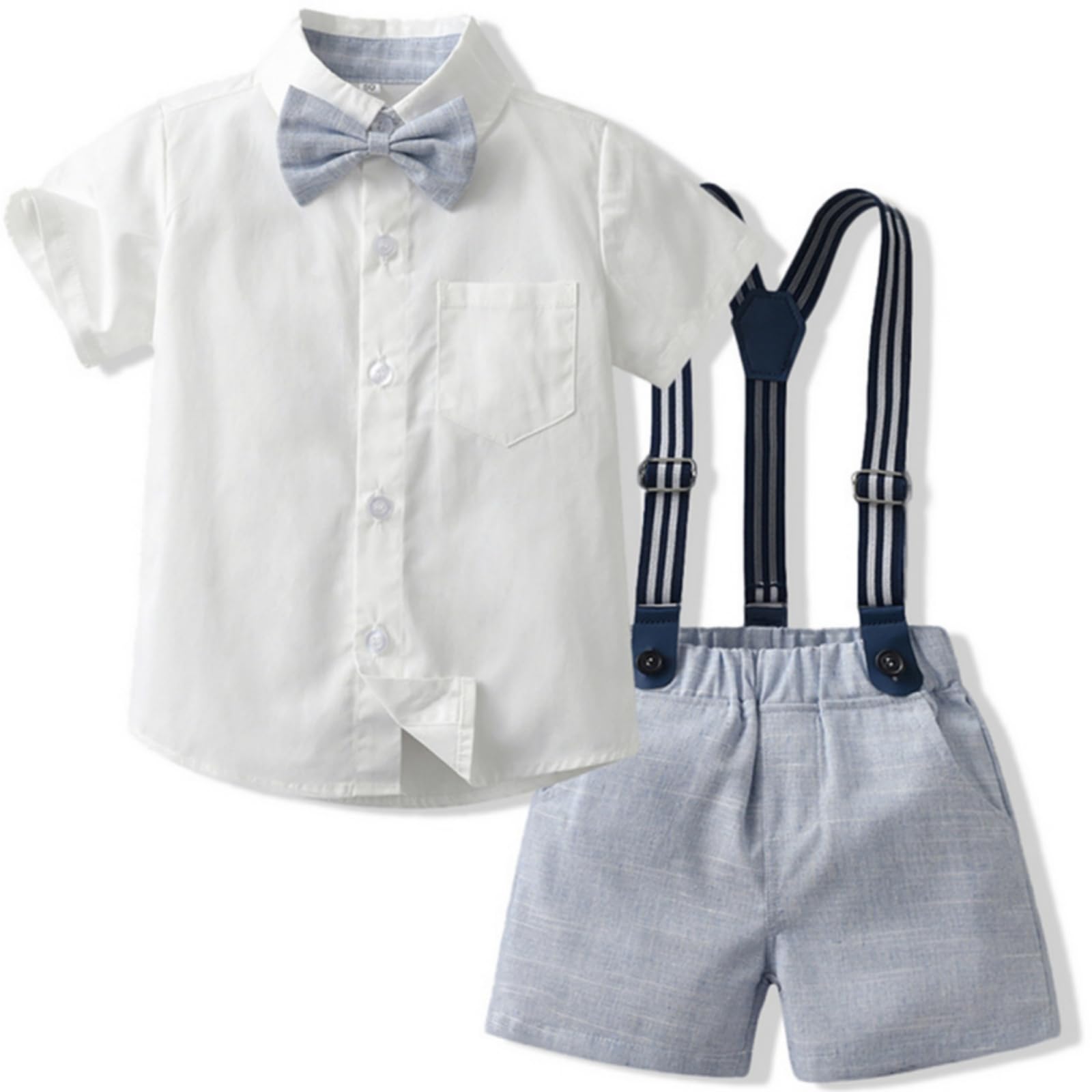 Yaopelky Toddler Boy Summer Gentleman Outfits Short Sleeve Shirt with Bowtie Suspender Shorts Suit 1-8 Years