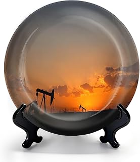HABEN ARTWORK Decorative Ceramic Plates for Display with Stand, 8" Silhouette crude oil pump oilfield sunset golden hour Dinner Plate for Wall Hanging Tabletop Decor Home Housewarming Gifts