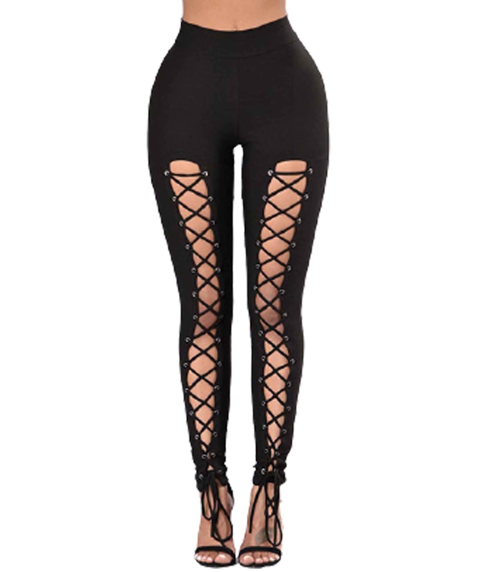 Womens Lace Up Leggings High Waisted Cutout Gothic Skinny Pants Casual Night Out Gym Club Halloween Party Black Goth Hollow Out Bandage Criss Cross Elastic Bodycon Trousers Clubwear Outfit