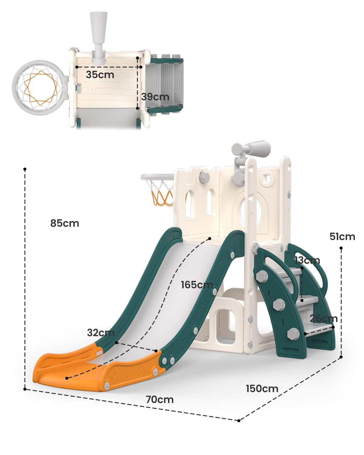 Tobogán Infantil, 5 en 1 Tobogán para Niños Interiores y Exteriores, con Aro de Baloncesto Espacio de Almacenamiento y Telescopio para Niños a Partir de 1 Año, Verde