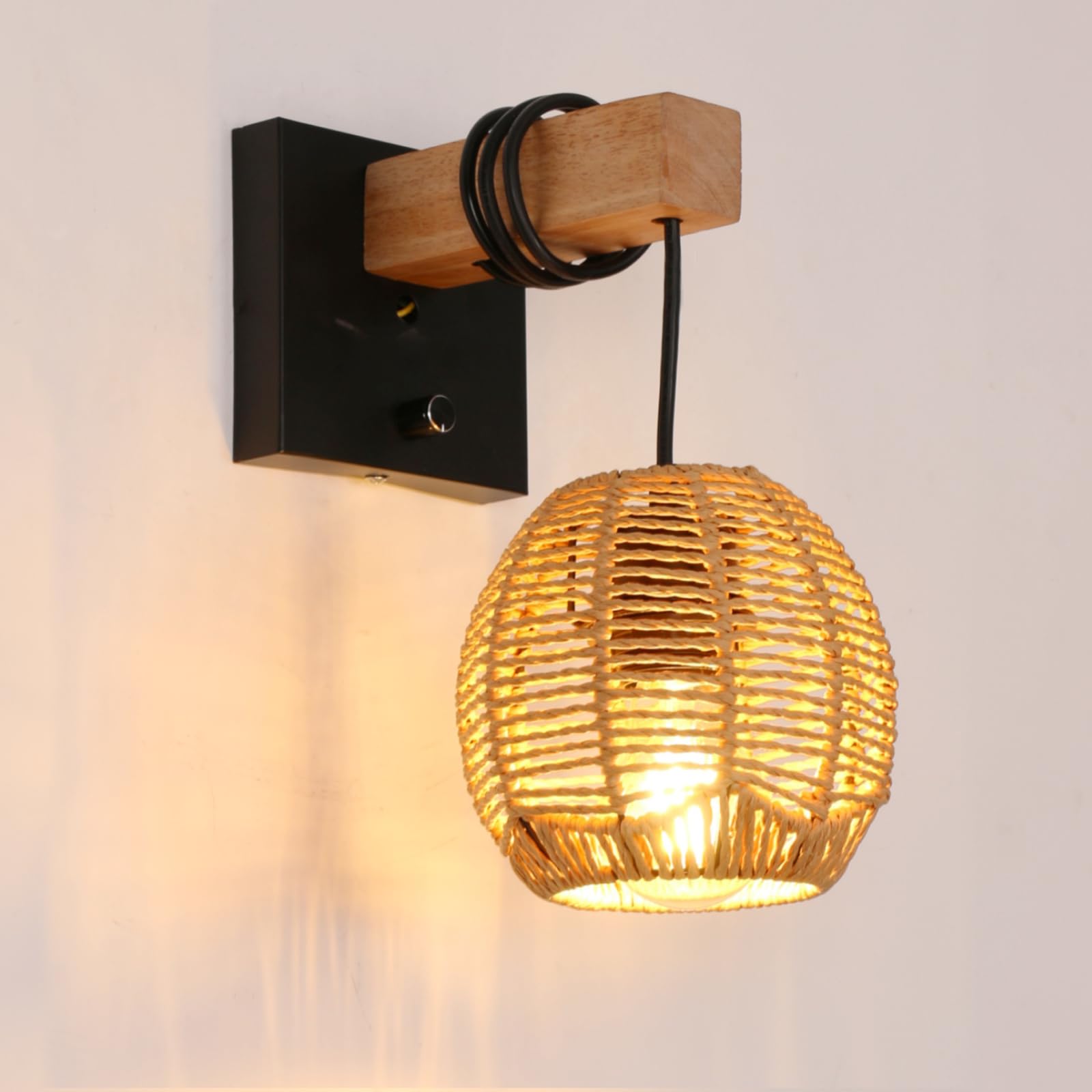 E27 Aplique de Pared de Ratán con Interruptor Ø14CM (Sin Bombillas) | Lámpara de Pared Interior E27, Madera y Ratán Luz de Pared Retro para Dormitorios Salas de Estar Salón