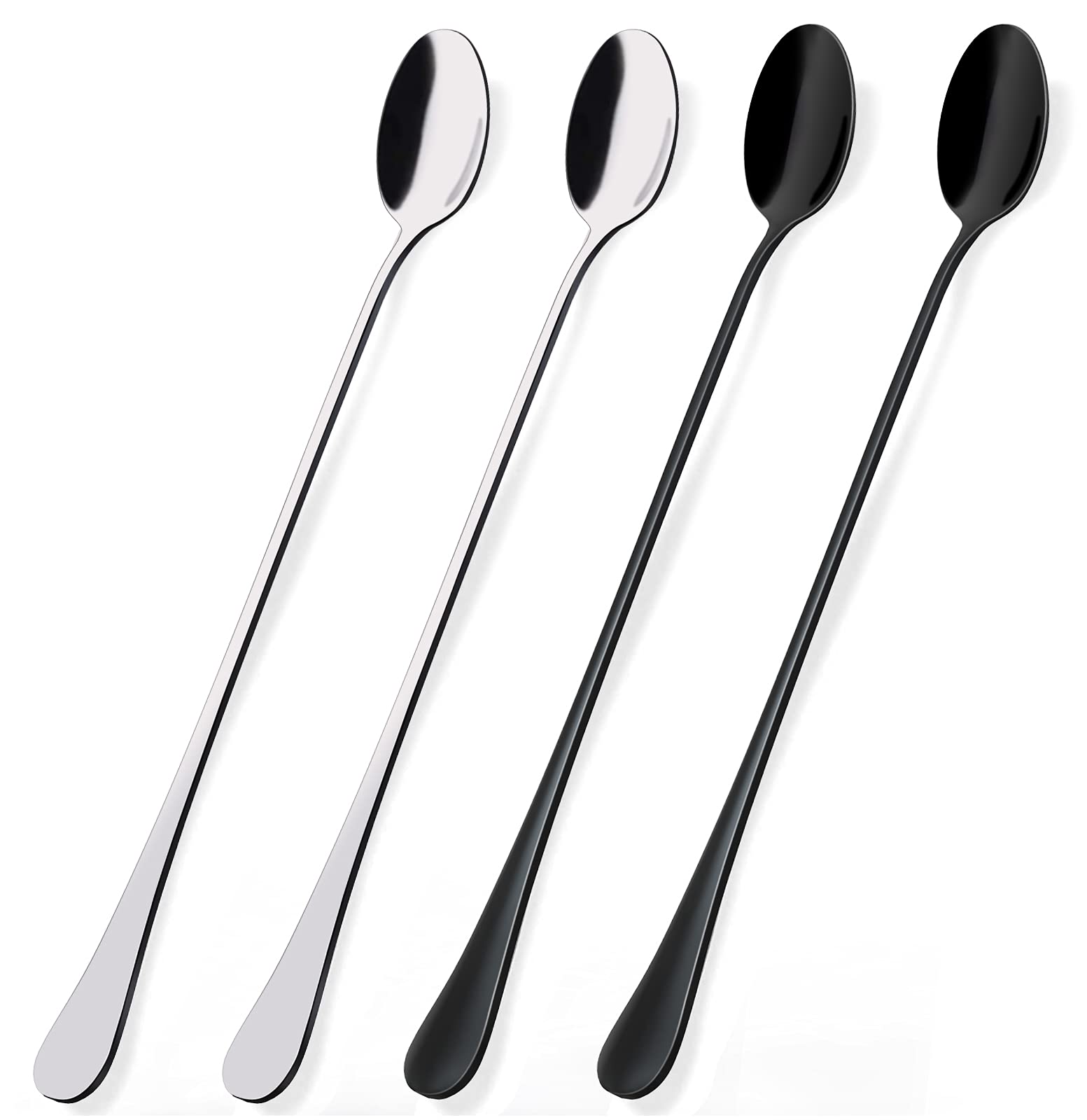 Long Handle Iced Tea Spoons, GLAMFIELDS 9.5 Inch Coffee Spoons, Ice Cream Spoon, Stainless Steel Cocktail Stirring Spoons, Set of 4 (2 Black+2 Silver)
