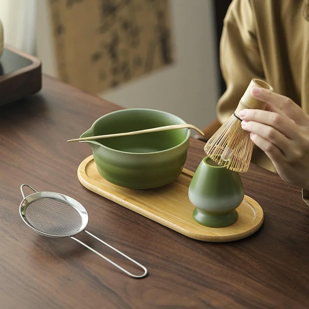Juego de Matcha de Viaje 5 Piezas Diseño Compacto y portátil, tazón de cerámica Japonesa, Kit de Matcha para Ceremonia del té al Aire Libre