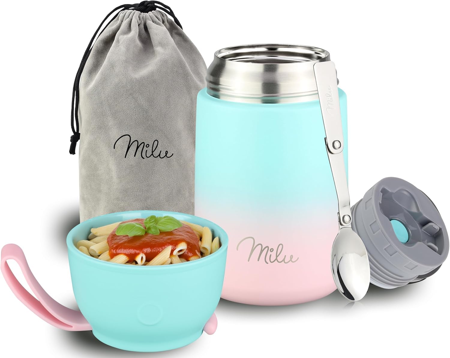 Milu Mint Pink Milu® Thermo Food Flask 450Ml - Stainless Steel Insulated Container - Lunchbox - Jar With Spoon For Hot And Cold Food (, 450Ml)