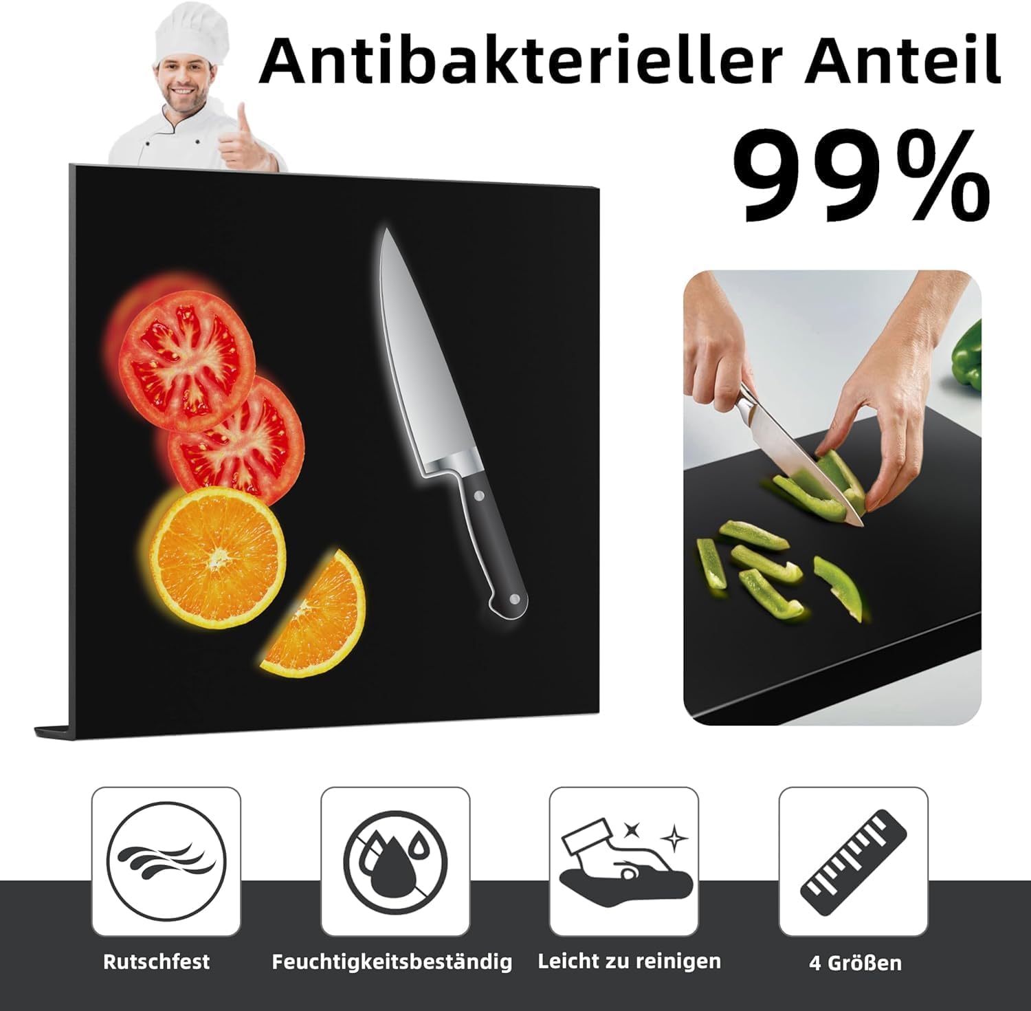 Schneidebrett aus Acryl, Schneidebrett Glas Küchenbrett Durchsichtig, Küchenschneidebrett Arbeitsplattenschoner mit Anschlagkante, Schneidbrett Rutschfest für Küchentheke (Schwarz, 60X40cm)