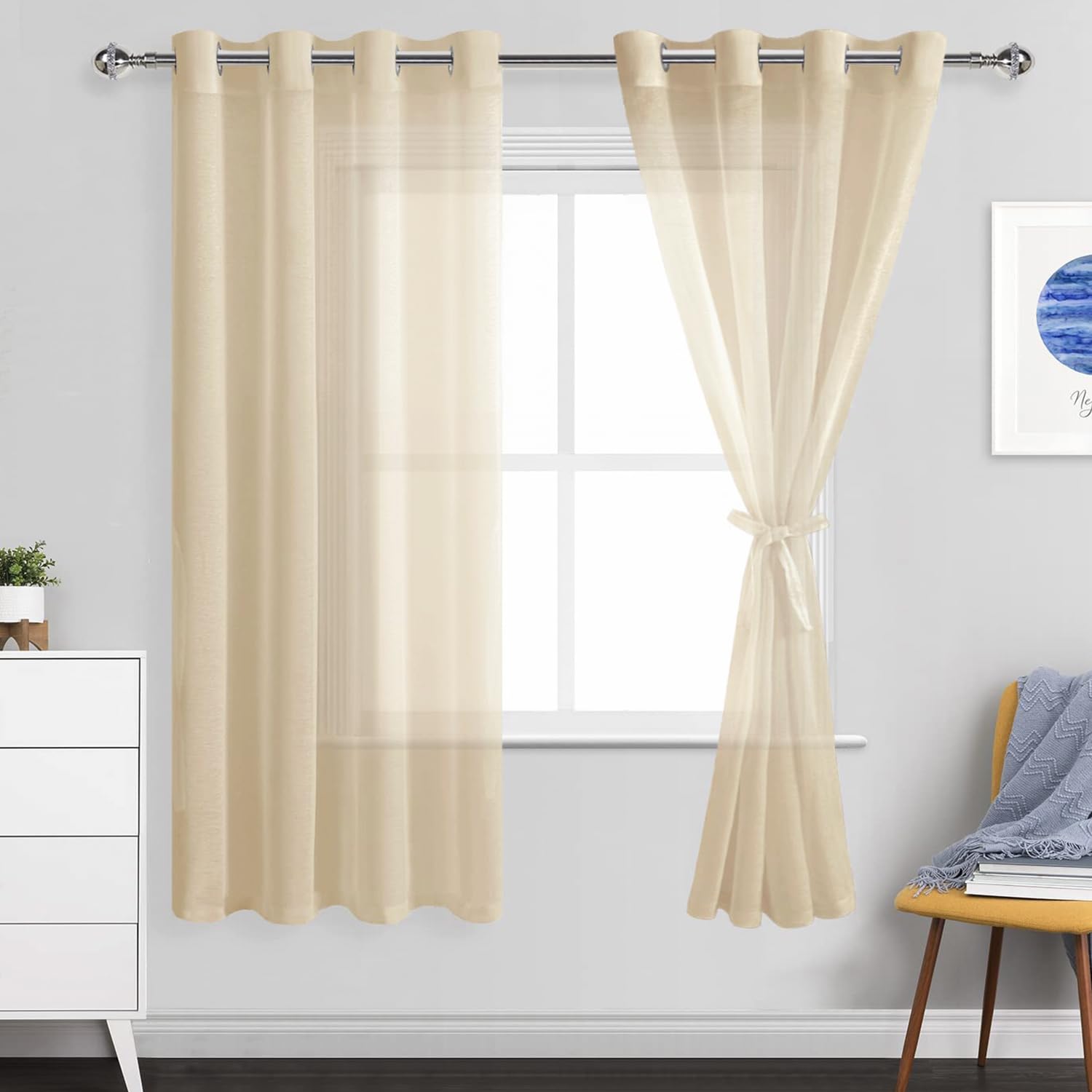 JIUZHEN Semi Sheer Curtains for Living Room - 63 inches Long with Tiebacks Light Filtering Grommet Window Curtains for Balcony/Office, 52Wx 63L, Set of 2 Panels,Beige