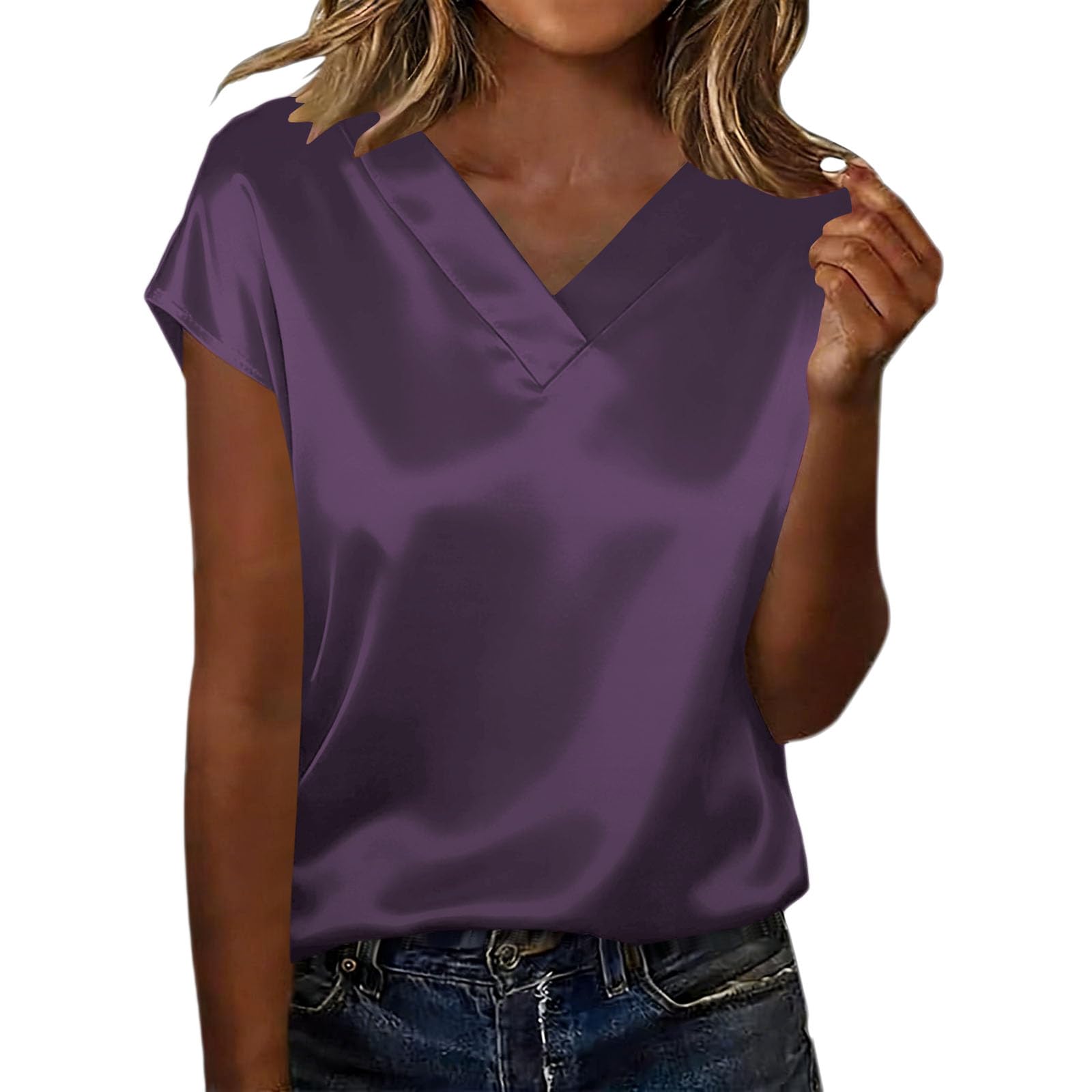 Leaomuny Camicia Donna Elegante Manica Corta,Camicie Raso Scollo a V Cerimonia,Curvy Blusa Estiva Oversize Eleganti Fantasia,Camicetta Slim Fit Leggera Vintage,Maglietta Casual Lavoro Ufficio T Shirt