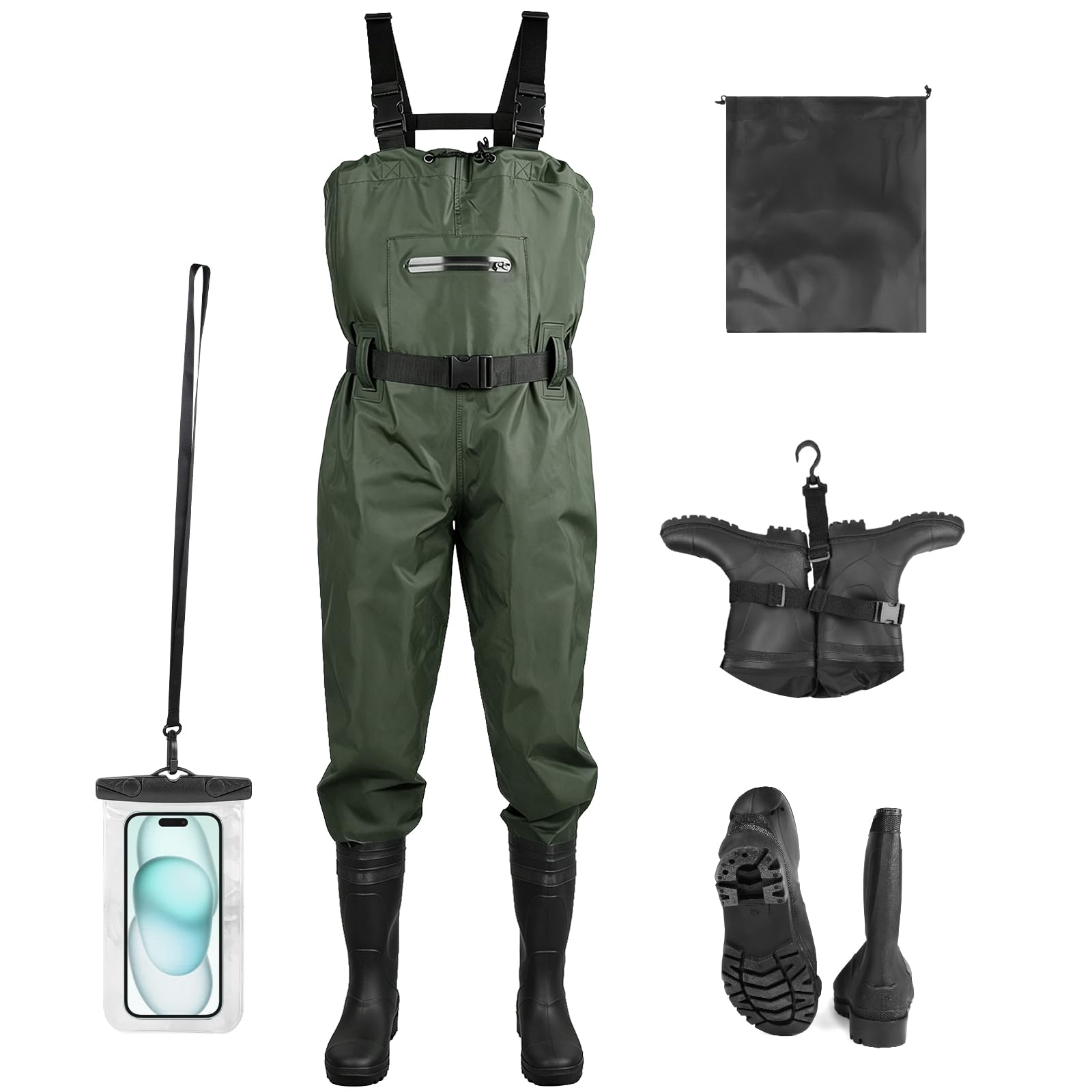 SWAWIS Wathose Herren Wasserdicht mit Stiefel Verstellbarer Riemen Anglerhose für Erwachsene mit Stiefel Atmungsaktive Wasserdicht Watthosen für Baustellen, Angeln, Bauernhöfe