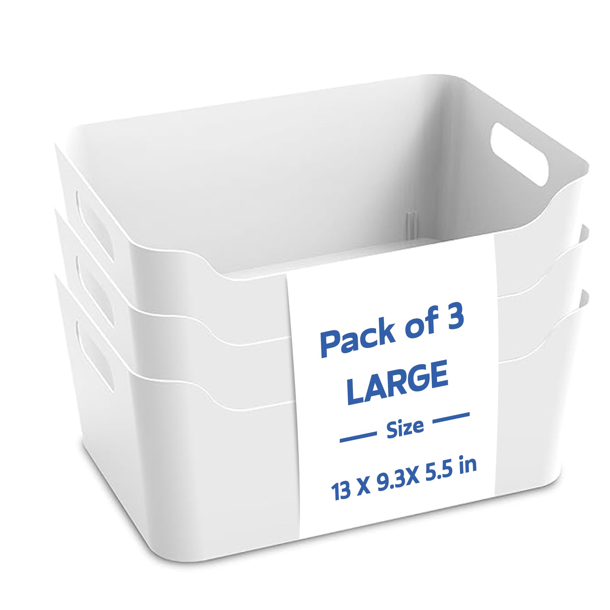 KOLORR Jolly Plastic Large Basket with Handle for Storage Box| Multipurpose Light Weight Plastic Baskets organiser for Clothes Toys Stationary Cosmetics Livingroom Bathroom | Pack of 3 - Nir White