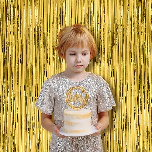 Image of Voircoloria 2 Pack Gold Foil Fringe Backdrop Curtains, Tinsel Streamers Birthday Party Decorations, Fringe Backdrop for Graduation, Baby Shower, Gender Reveal, Disco Party