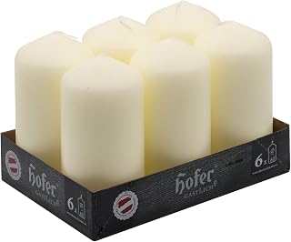 Hofer Unscented Pillar Candles - Ivory - 60 x 120 mm - Set of 6 Decorative Candles - 39 Hours Long Burning Time - Dripless - Smokeless - RAL Quality - Made in Austria