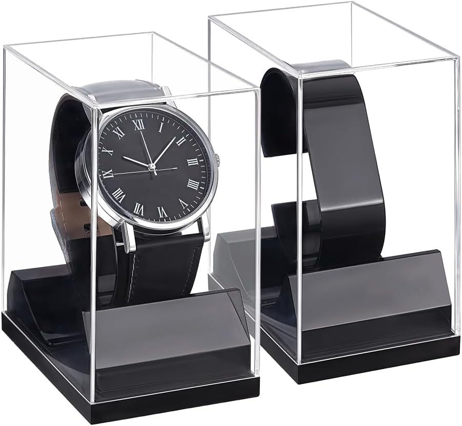 PH PandaHall 2 Pack Watch Display Box for Single Watch Display Rack Transparent Plastic Watches Case with Protection for Men Women Home Store Exhibition Storage, 2x3.5x2.8 inch