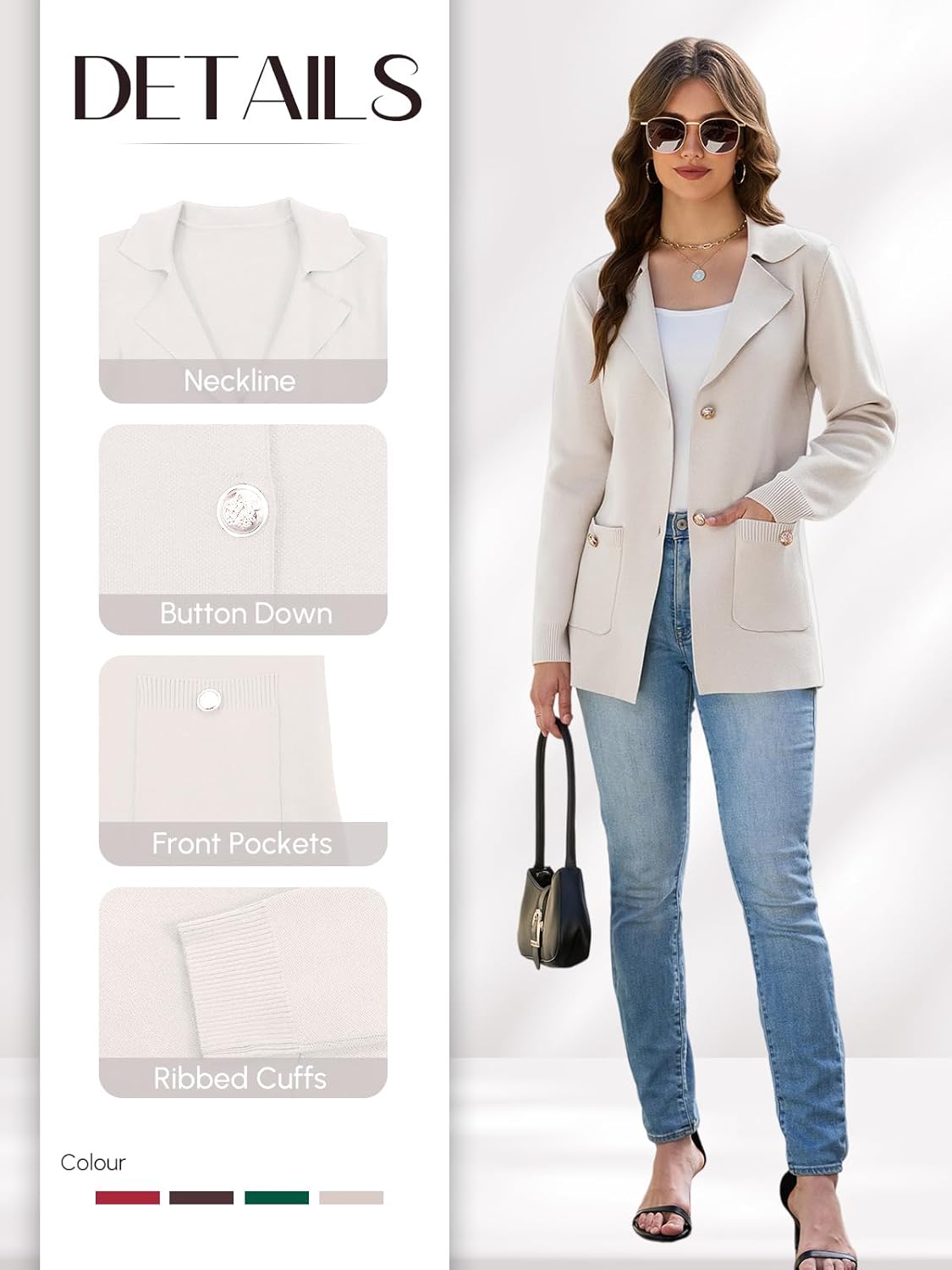 Women's Sweater Blazers Bussiness Casual Jacket Long Sleeve Cardigan Button Front Lapel Suit with Pockets - Image 5