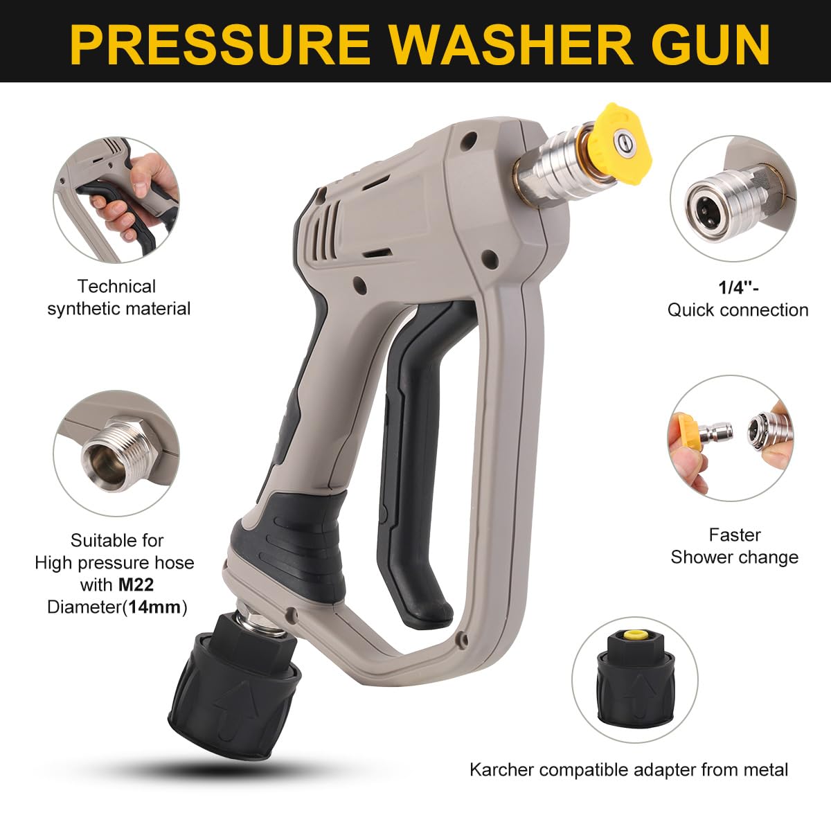 4000 PSI Hochdruckreiniger Pistole, Yuirshion 5 Düsen Schnellanschluss Autowaschpistole, mit M22 Schnittstelle, kompatibler für Karcher K1-K7 Adapter, Autowasch-Pistolen-Set für Autoreinigungsgerät