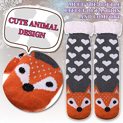 Aoxion Women's Soft Warm Cute Animal Fuzzy Fleece Lining Knitting Non-Slip Winter Slipper Socks Fox #TOP2