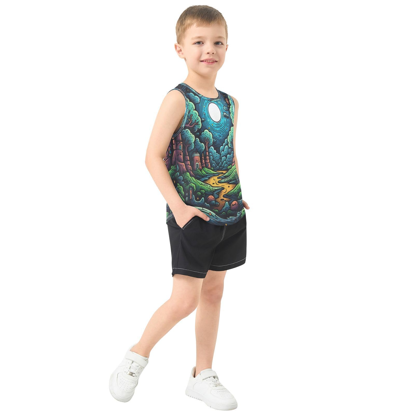 Divertido Bosque Verde De Dibujos Animados Camisetas Sin Mangas Tipo Tank Top para Niños Jóvenes Ideales para Actividades Deportivas