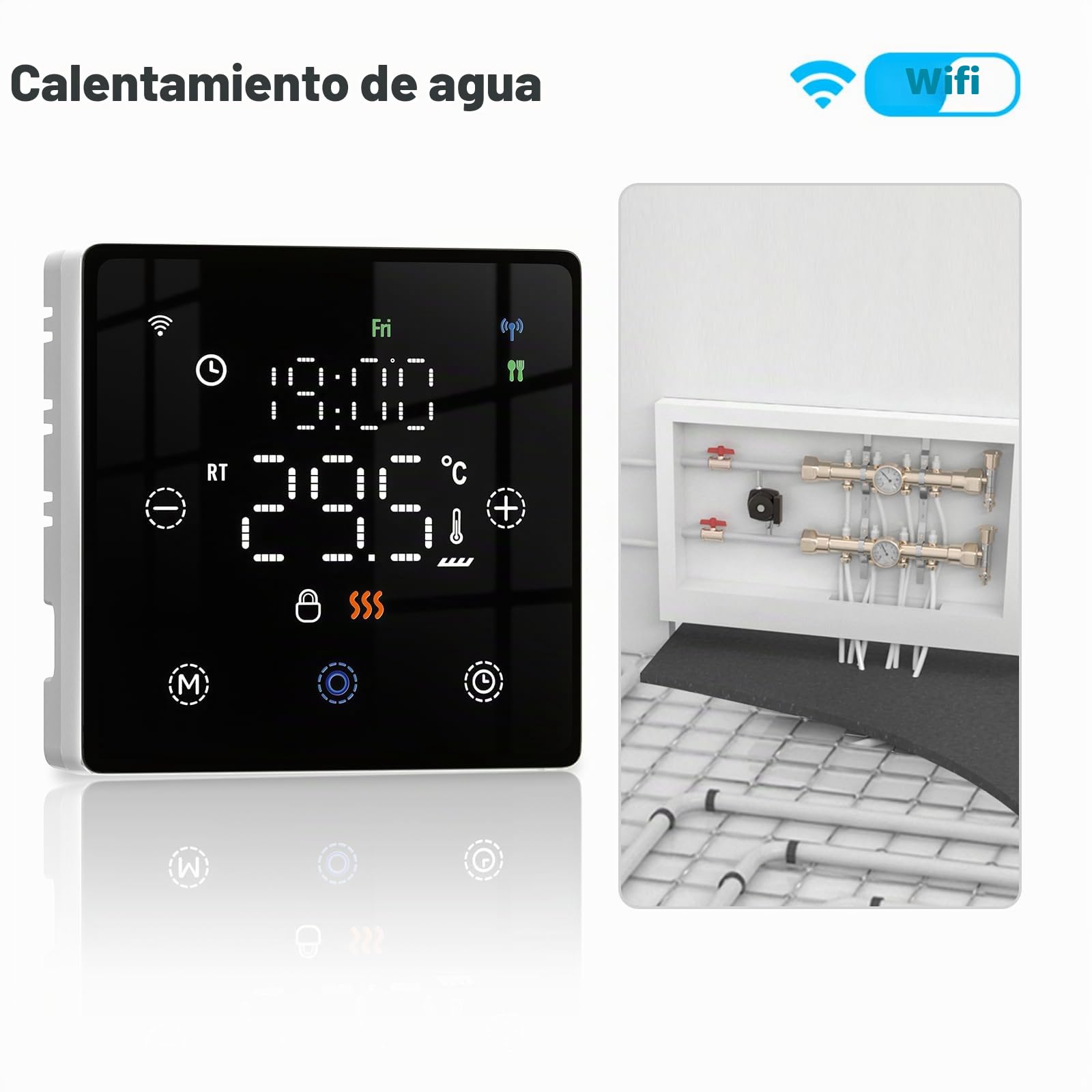 Termostato WiFi de Batería Negro, Inteligente para Caldera de Gas, Pantalla Táctil 86x86mm, Compatible con TUYA Smart Life, Montaje en Pared o Encastre Caja 502, Programación Semanal