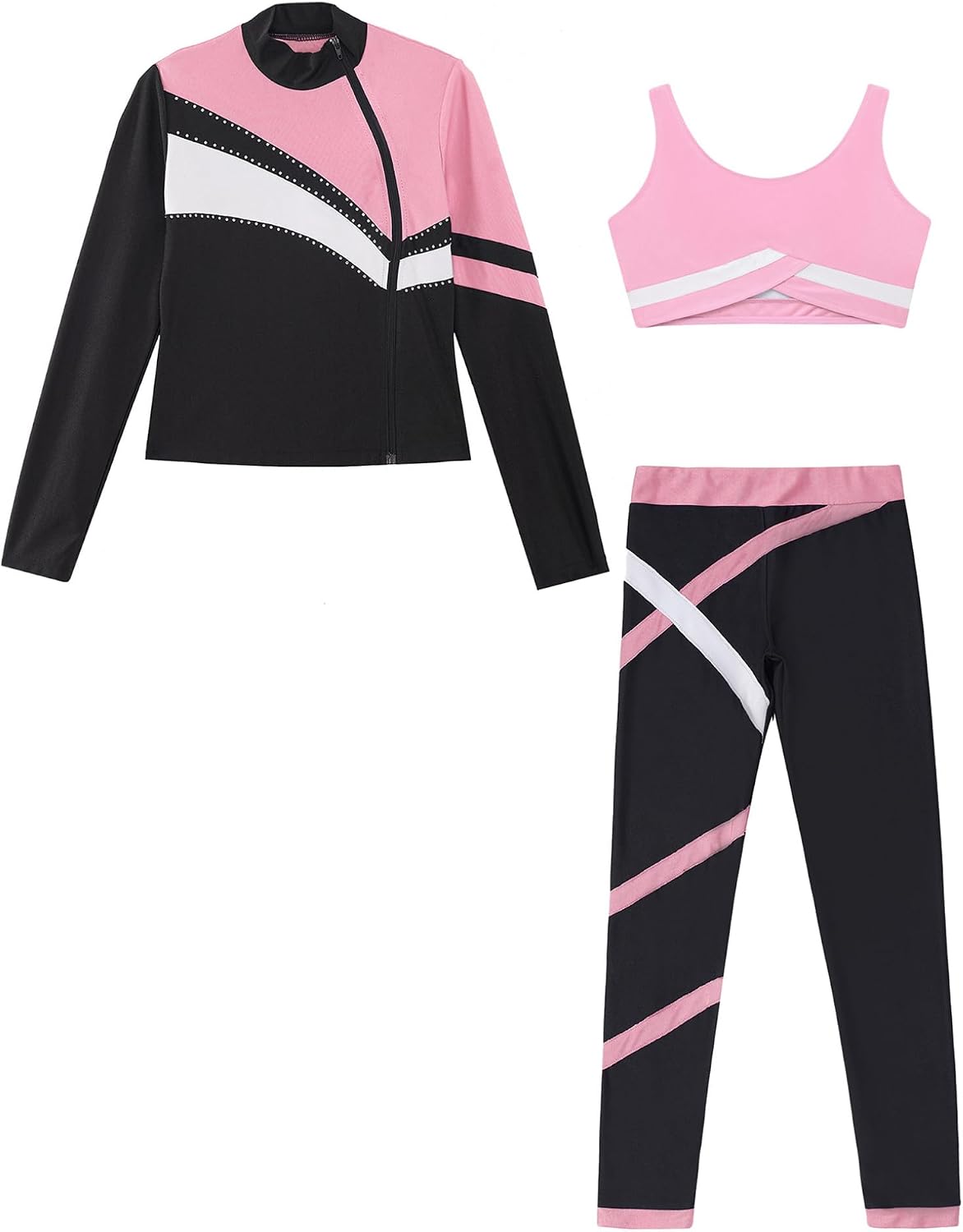 Kaerm Kids Ice Figure Skating Suit Girls Long Sleeve Side Zipper Jacket Gymnastics Leggings Dance Crop Top Set