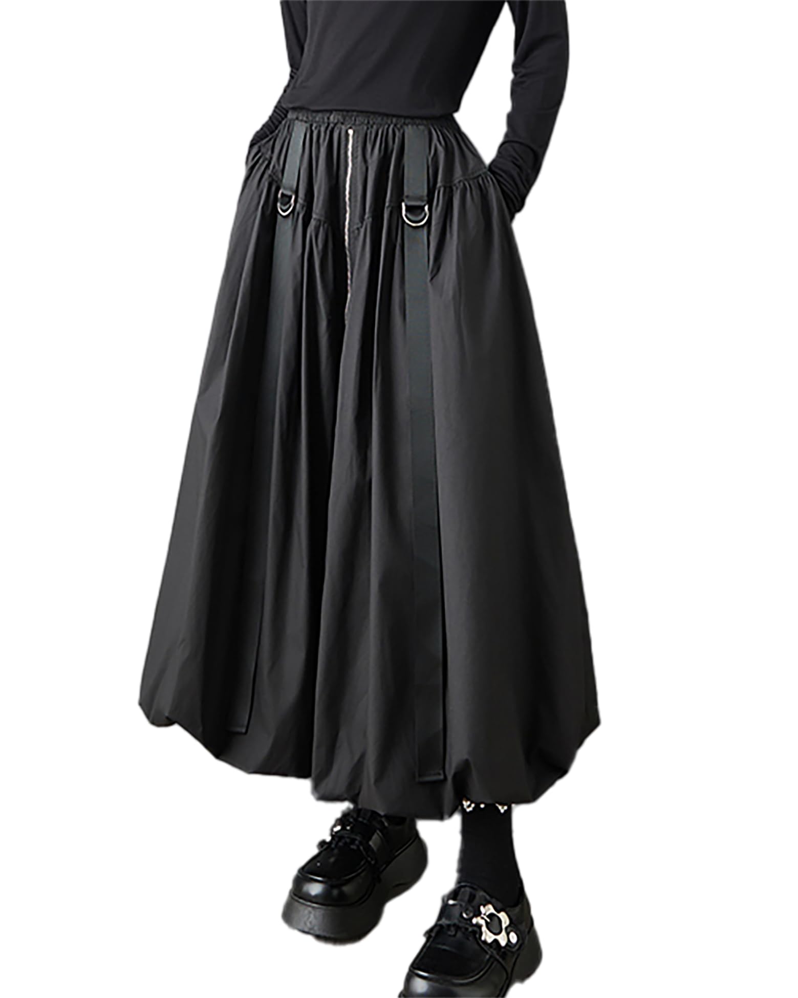 ellazhu Womens Skirt Loose Oversize Pleated Maxi Hem High Elastic Waist Side Pockets GZ699 A