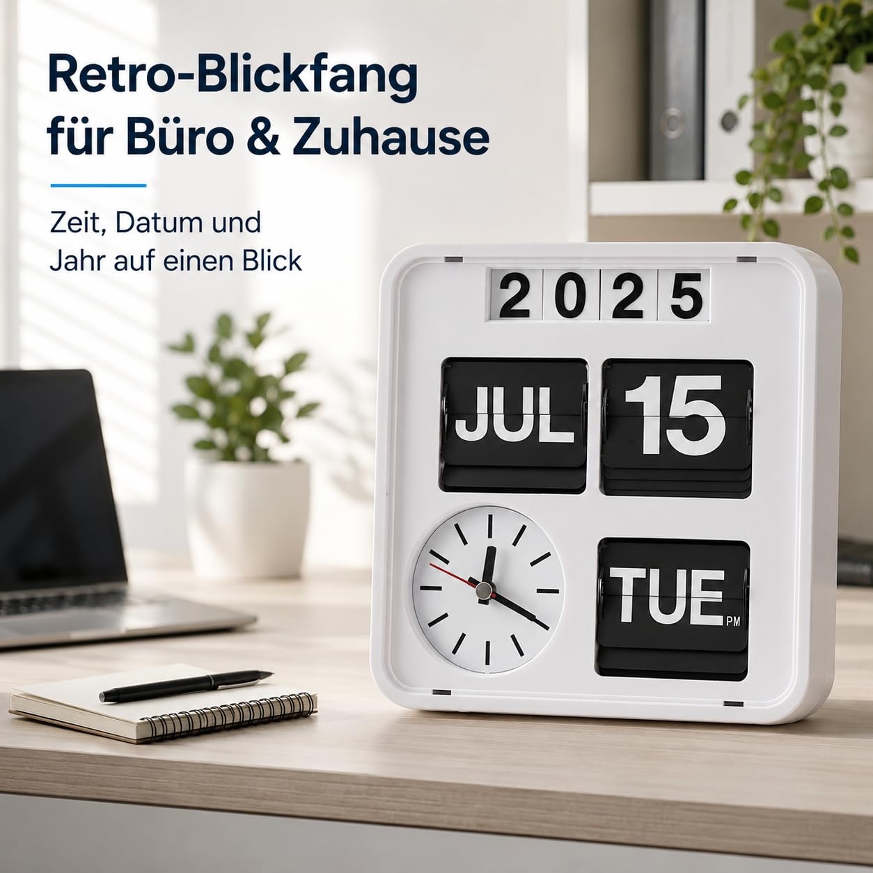 Eurotime 80005-00 Retro Tisch- & Wanduhr mit Voll-Datumsanzeige inkl. Jahr, Quarzuhr im Klappkarten-Design, automatischer Monatswechsel, 18 x 18 x 7,5 cm, Weiß