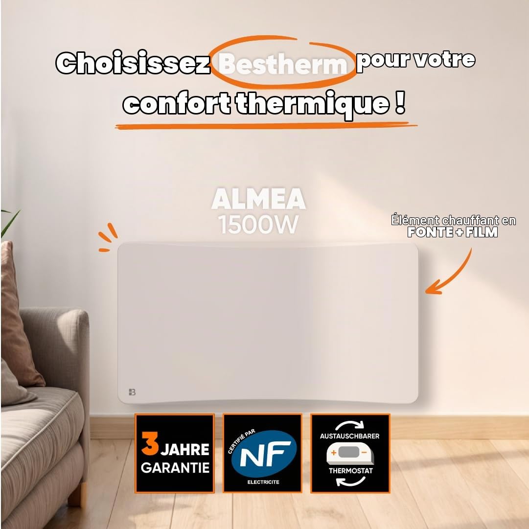 BESTHERM - Radiateur électrique fixe à inertie sèche fonte + film avec thermostat interchangeable 1500W Bestherm ALMEA horizontal blanc