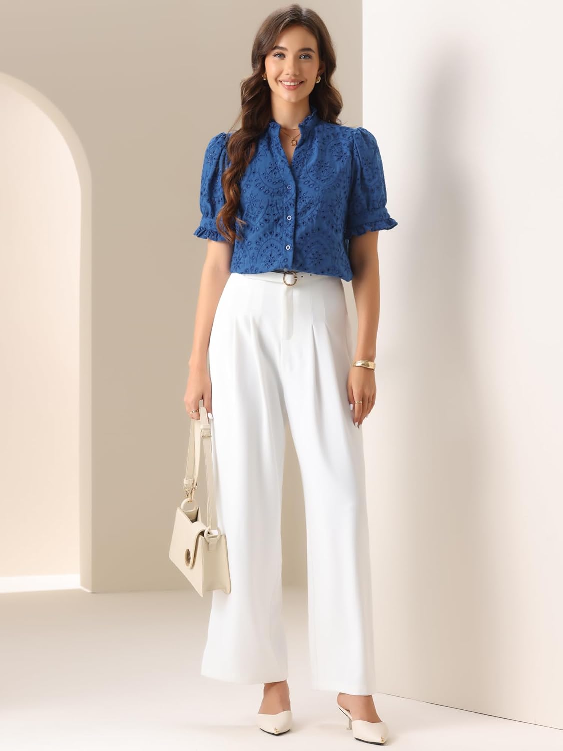 Allegra K Summer Tops for Women's Dressy Short Sleeve V Neck Buttons Hollow Out Embroidered Blouses Shirts - Image 3