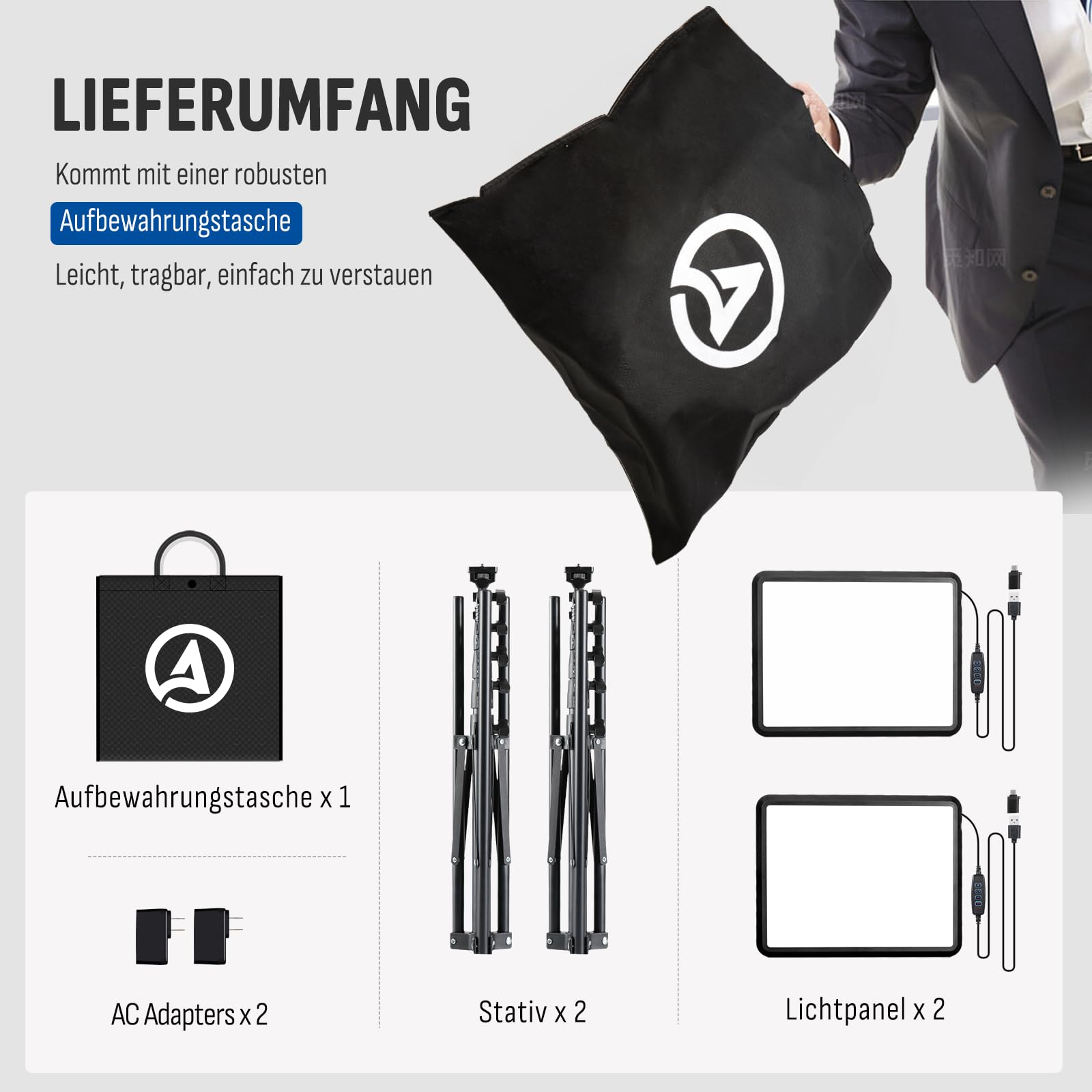 Video Licht Set, 2-Pack 25x20 cm 15 W LED Studio Fotolicht, Dimmbares 2800–6500K Kamera Licht für Video/Streamen von Selfies/Porträts im Innenbereich, Licht mit 160cm Stativ/TypC Adapter (2-Pack)